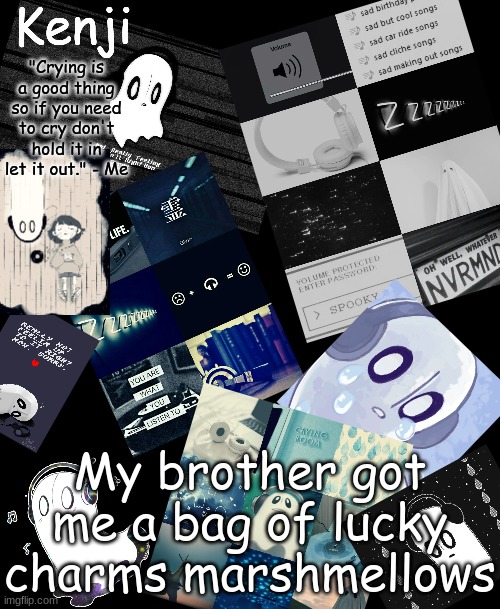 napstablook | My brother got me a bag of lucky charms marshmellows | image tagged in napstablook | made w/ Imgflip meme maker