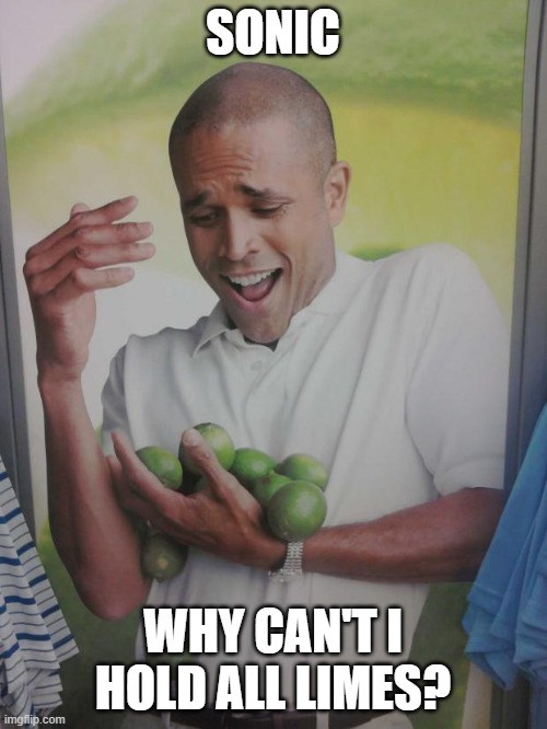 Why Can't I Hold All These Limes Meme | SONIC WHY CAN'T I HOLD ALL LIMES? | image tagged in memes,why can't i hold all these limes | made w/ Imgflip meme maker