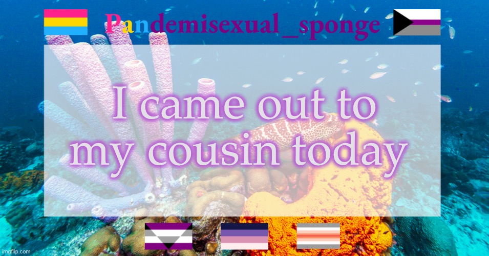 Turns out someone had already outed me to her | I came out to my cousin today | image tagged in pandemisexual_sponge temp,demisexual_sponge | made w/ Imgflip meme maker