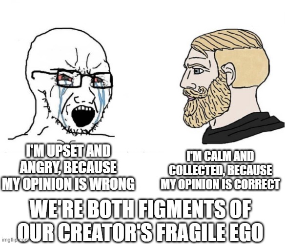 Soyboy Vs Yes Chad | I'M CALM AND COLLECTED, BECAUSE MY OPINION IS CORRECT; I'M UPSET AND ANGRY, BECAUSE MY OPINION IS WRONG; WE'RE BOTH FIGMENTS OF OUR CREATOR'S FRAGILE EGO | image tagged in soyboy vs yes chad | made w/ Imgflip meme maker