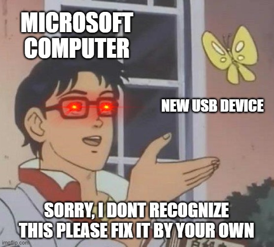 Is This A Pigeon Meme | MICROSOFT COMPUTER; NEW USB DEVICE; SORRY, I DONT RECOGNIZE THIS PLEASE FIX IT BY YOUR OWN | image tagged in memes,is this a pigeon | made w/ Imgflip meme maker