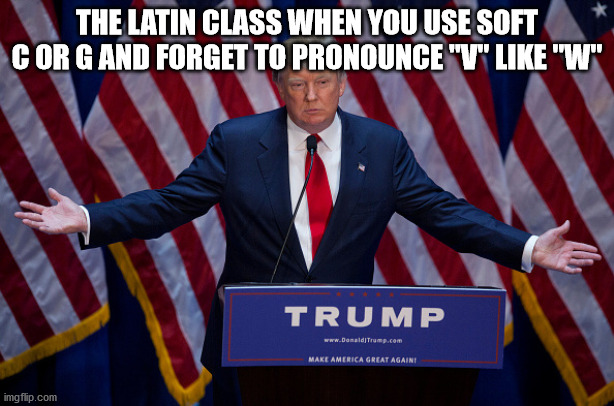 Donald Trump | THE LATIN CLASS WHEN YOU USE SOFT C OR G AND FORGET TO PRONOUNCE "V" LIKE "W" | image tagged in donald trump | made w/ Imgflip meme maker