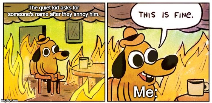 This Is Fine | The quiet kid asks for someone's name after they annoy him. Me: | image tagged in memes,this is fine | made w/ Imgflip meme maker