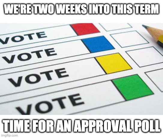 forms.office.com/r/BzSVXh7MNL | WE'RE TWO WEEKS INTO THIS TERM; TIME FOR AN APPROVAL POLL | image tagged in political poll | made w/ Imgflip meme maker