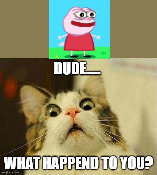 what? | DUDE..... WHAT HAPPEND TO YOU? | image tagged in memes,scared cat,peppa pig | made w/ Imgflip meme maker