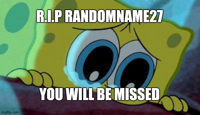 crying spongebob | R.I.P RANDOMNAME27; YOU WILL BE MISSED | image tagged in crying spongebob | made w/ Imgflip meme maker