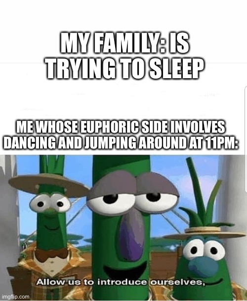 Allow us to introduce ourselves | MY FAMILY: IS TRYING TO SLEEP; ME WHOSE EUPHORIC SIDE INVOLVES DANCING AND JUMPING AROUND AT 11PM: | image tagged in allow us to introduce ourselves | made w/ Imgflip meme maker