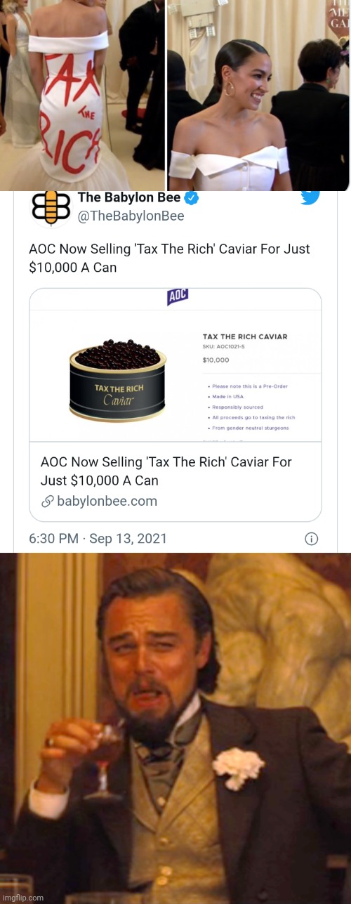 Latest doozy from the BB. The irony is lost on the rich lady at the Met gala. | image tagged in memes,laughing leo,crazy aoc | made w/ Imgflip meme maker