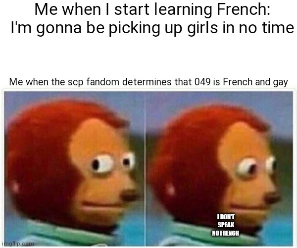 Monkey Puppet Meme | Me when I start learning French: I'm gonna be picking up girls in no time; Me when the scp fandom determines that 049 is French and gay; I DON'T SPEAK NO FRENCH | image tagged in memes,monkey puppet,scp,scp 049 | made w/ Imgflip meme maker