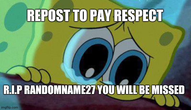 F | REPOST TO PAY RESPECT; R.I.P RANDOMNAME27 YOU WILL BE MISSED | image tagged in crying spongebob | made w/ Imgflip meme maker