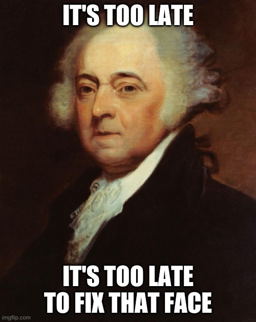 John Adams  | IT'S TOO LATE; IT'S TOO LATE TO FIX THAT FACE | image tagged in john adams | made w/ Imgflip meme maker