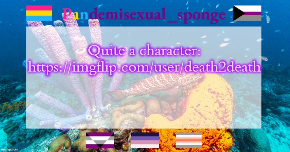 Pandemisexual_sponge temp | Quite a character: https://imgflip.com/user/death2death | image tagged in pandemisexual_sponge temp,demisexual_sponge | made w/ Imgflip meme maker