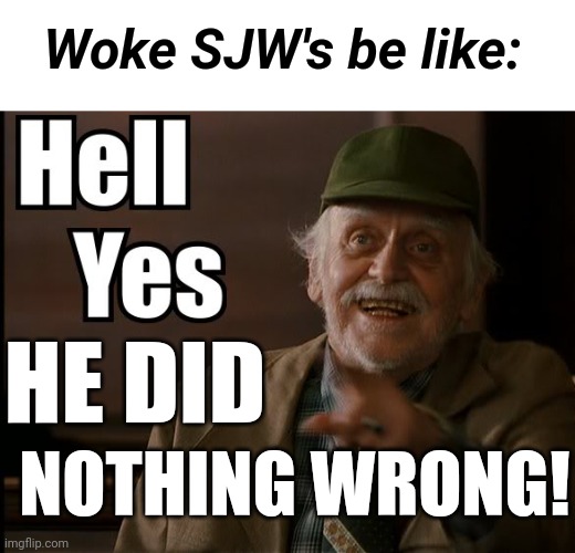 HELL YES | Woke SJW's be like: HE DID NOTHING WRONG! | image tagged in hell yes | made w/ Imgflip meme maker