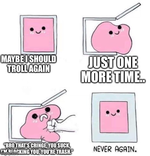 Never again | MAYBE I SHOULD TROLL AGAIN; JUST ONE MORE TIME.. “BRO THAT’S CRINGE, YOU SUCK, I’M BLOCKING YOU, YOU’RE TRASH.” | image tagged in never again | made w/ Imgflip meme maker
