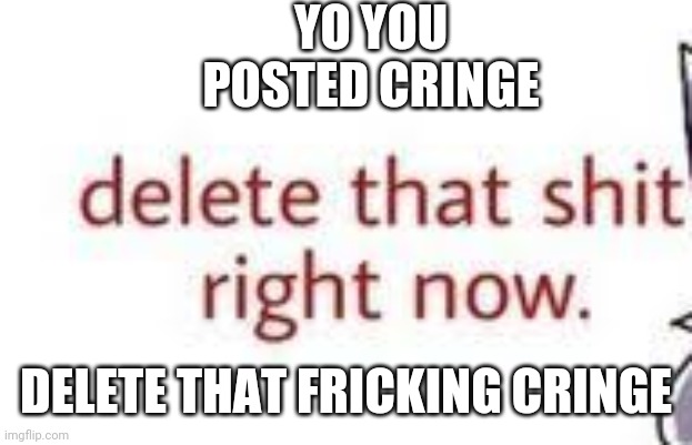 Delete | YO YOU POSTED CRINGE; DELETE THAT FRICKING CRINGE | image tagged in delete that shit,cringe | made w/ Imgflip meme maker