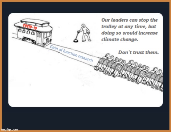 COVID-19 gain of function research | image tagged in covid-19,trolley,covid,train tracks,trolley problem,virus | made w/ Imgflip meme maker