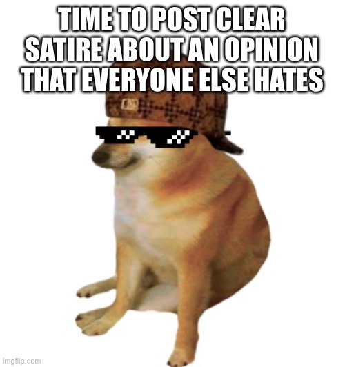 Epic cheems. | TIME TO POST CLEAR SATIRE ABOUT AN OPINION THAT EVERYONE ELSE HATES | image tagged in epic cheems | made w/ Imgflip meme maker