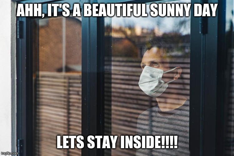 lockdown | AHH, IT'S A BEAUTIFUL SUNNY DAY; LETS STAY INSIDE!!!! | image tagged in lockdown | made w/ Imgflip meme maker
