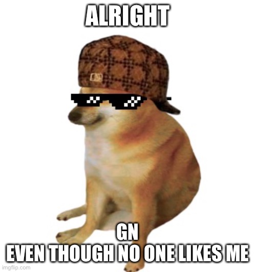 Epic cheems. | ALRIGHT; GN
EVEN THOUGH NO ONE LIKES ME | image tagged in epic cheems | made w/ Imgflip meme maker