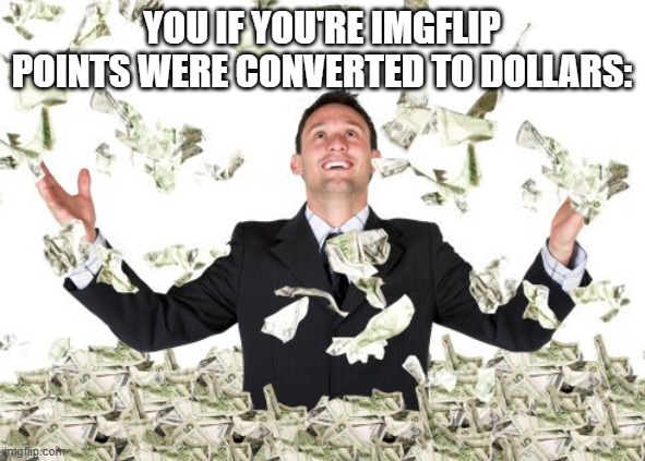 Rich guy with money | YOU IF YOU'RE IMGFLIP POINTS WERE CONVERTED TO DOLLARS: | image tagged in rich guy with money | made w/ Imgflip meme maker