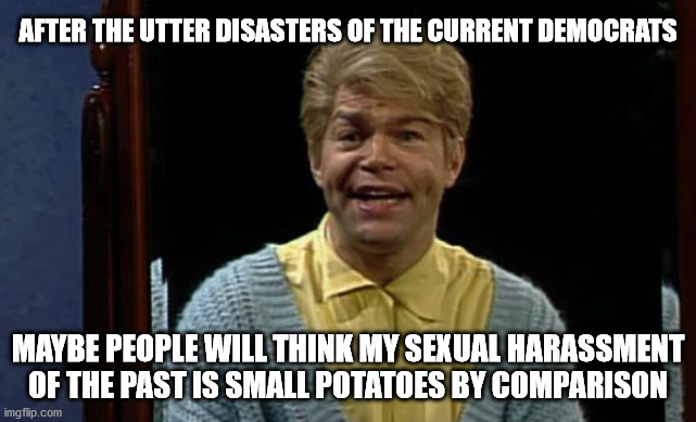 stuart smalley | AFTER THE UTTER DISASTERS OF THE CURRENT DEMOCRATS MAYBE PEOPLE WILL THINK MY SEXUAL HARASSMENT OF THE PAST IS SMALL POTATOES BY COMPARISON | image tagged in stuart smalley | made w/ Imgflip meme maker
