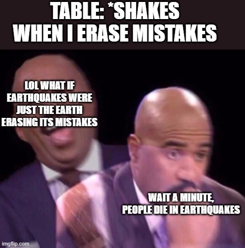 Go ahead and comment. It'll make my day. | TABLE: *SHAKES WHEN I ERASE MISTAKES; LOL WHAT IF EARTHQUAKES WERE JUST THE EARTH ERASING ITS MISTAKES; WAIT A MINUTE, PEOPLE DIE IN EARTHQUAKES | image tagged in steve harvey laughing serious,mistakes,hold up,sudden realization | made w/ Imgflip meme maker