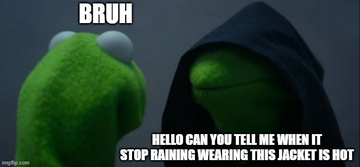 When your wearing a hoodie i= | BRUH; HELLO CAN YOU TELL ME WHEN IT STOP RAINING WEARING THIS JACKET IS HOT | image tagged in memes,evil kermit | made w/ Imgflip meme maker