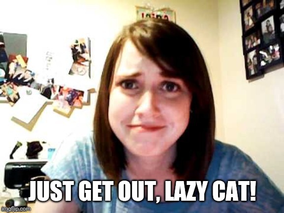 Crying Overly Attracted Girlfriend | JUST GET OUT, LAZY CAT! | image tagged in crying overly attracted girlfriend | made w/ Imgflip meme maker