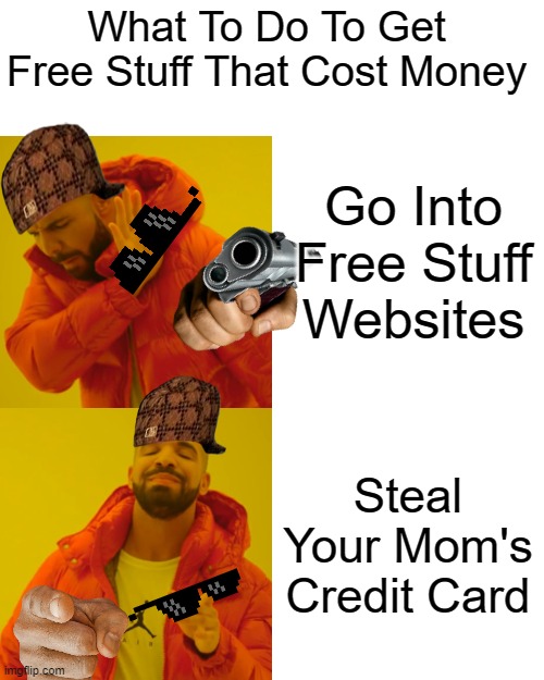 The Best Way To Get An Item... | What To Do To Get Free Stuff That Cost Money; Go Into Free Stuff Websites; Steal Your Mom's Credit Card | image tagged in memes,drake hotline bling | made w/ Imgflip meme maker