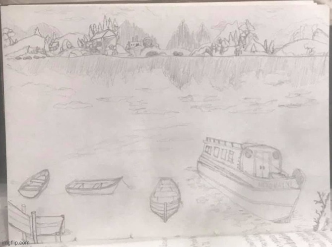 Boatyard, bayou, and background (inspired by Donkey Kong Country 3). | image tagged in drawings,donkey kong,landscape,boats,background,scenery | made w/ Imgflip meme maker
