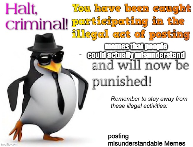 halt criminal! | memes that people could actually misunderstand; posting misunderstandable Memes | image tagged in halt criminal | made w/ Imgflip meme maker