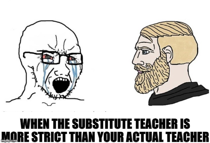 idk | WHEN THE SUBSTITUTE TEACHER IS MORE STRICT THAN YOUR ACTUAL TEACHER | image tagged in soyboy vs yes chad,idk | made w/ Imgflip meme maker