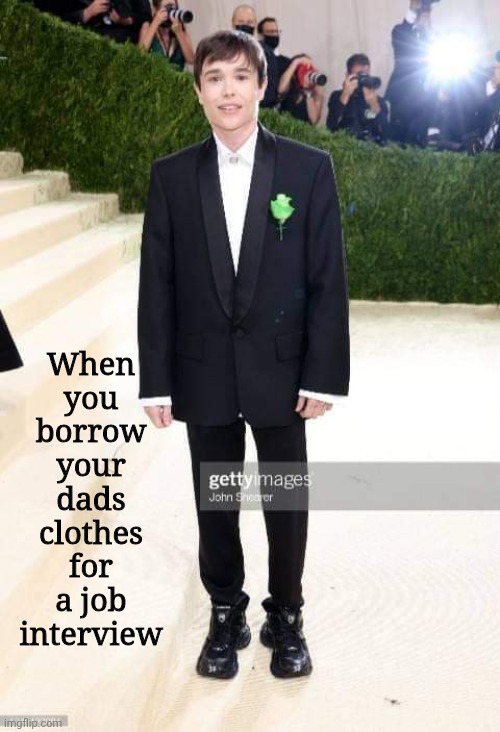 Manlet | When you borrow your dads clothes for a job interview | image tagged in ellen paige,manlet,hollywood,funny memes | made w/ Imgflip meme maker