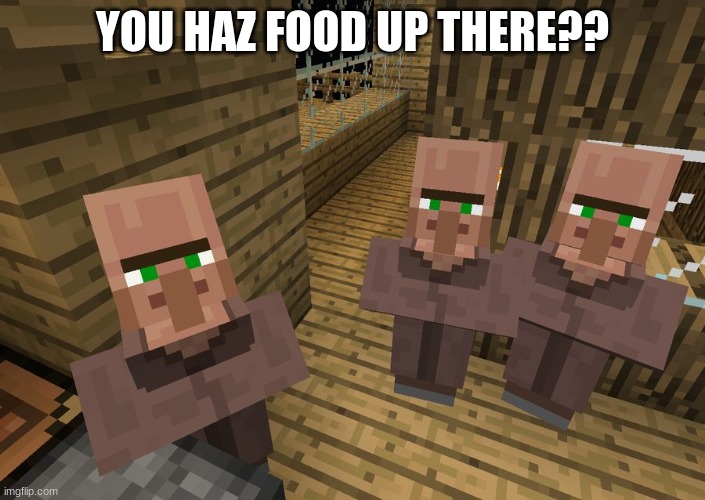 You Haz Food Up There?? | YOU HAZ FOOD UP THERE?? | image tagged in minecraft villagers | made w/ Imgflip meme maker