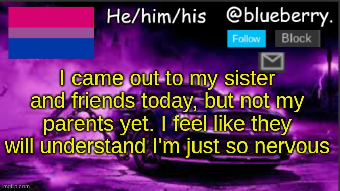 Blueberry announcement | I came out to my sister and friends today, but not my parents yet. I feel like they will understand I'm just so nervous | image tagged in blueberry announcement | made w/ Imgflip meme maker