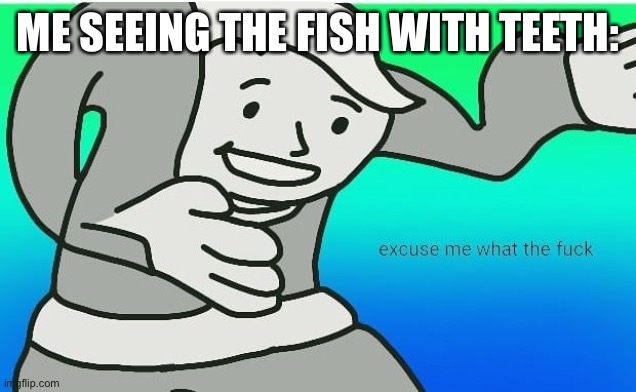 Fallout boy excuse me wyf | ME SEEING THE FISH WITH TEETH: | image tagged in fallout boy excuse me wyf | made w/ Imgflip meme maker