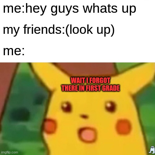 Surprised Pikachu Meme | me:hey guys whats up; my friends:(look up); me:; WAIT I FORGOT THERE IN FIRST GRADE | image tagged in memes,surprised pikachu | made w/ Imgflip meme maker