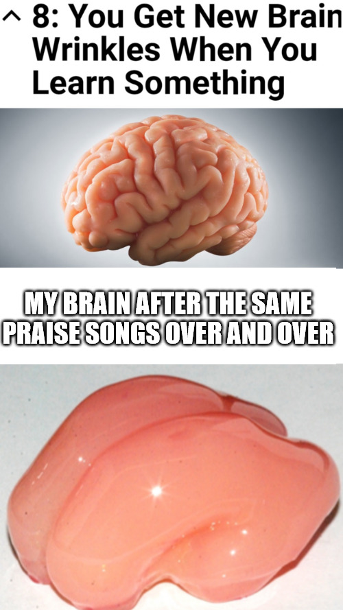 So sick of praise "music" | MY BRAIN AFTER THE SAME PRAISE SONGS OVER AND OVER | image tagged in smooth brain,dank,christian,memes,r/dankchristianmemes | made w/ Imgflip meme maker