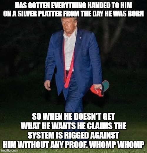Sad Trump | HAS GOTTEN EVERYTHING HANDED TO HIM ON A SILVER PLATTER FROM THE DAY HE WAS BORN; SO WHEN HE DOESN'T GET WHAT HE WANTS HE CLAIMS THE SYSTEM IS RIGGED AGAINST HIM WITHOUT ANY PROOF. WHOMP WHOMP | image tagged in sad trump | made w/ Imgflip meme maker