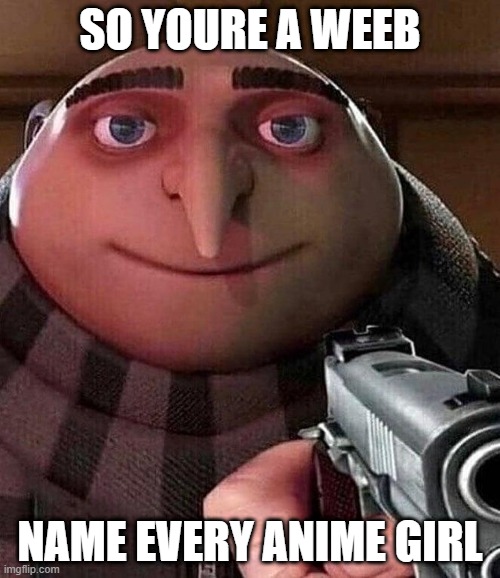 Do it | SO YOURE A WEEB; NAME EVERY ANIME GIRL | image tagged in gru pointing gun | made w/ Imgflip meme maker