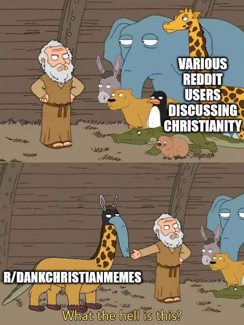 r/DankChristianMemes | VARIOUS REDDIT USERS DISCUSSING CHRISTIANITY; R/DANKCHRISTIANMEMES | image tagged in family guy noah,dank,christian,memes,r/dankchristianmemes | made w/ Imgflip meme maker