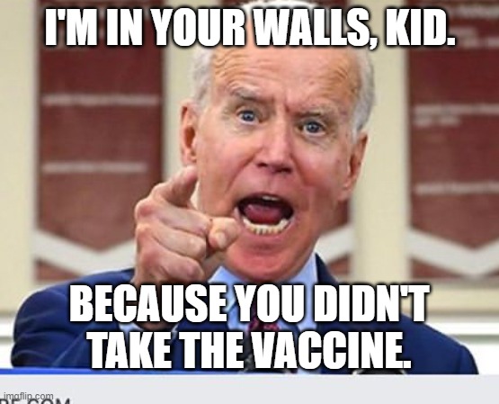 Joe Biden no malarkey | I'M IN YOUR WALLS, KID. BECAUSE YOU DIDN'T TAKE THE VACCINE. | image tagged in joe biden no malarkey | made w/ Imgflip meme maker