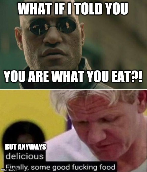 WHAT IF I TOLD YOU YOU ARE WHAT YOU EAT?! BUT ANYWAYS | image tagged in memes,matrix morpheus,gordon ramsay some good food | made w/ Imgflip meme maker