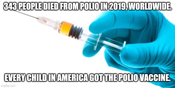 Hesitation for what? | 343 PEOPLE DIED FROM POLIO IN 2019, WORLDWIDE. EVERY CHILD IN AMERICA GOT THE POLIO VACCINE. | image tagged in syringe vaccine medicine | made w/ Imgflip meme maker