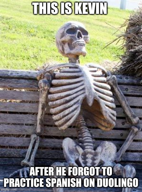 Funny | THIS IS KEVIN; AFTER HE FORGOT TO PRACTICE SPANISH ON DUOLINGO | image tagged in memes,waiting skeleton | made w/ Imgflip meme maker