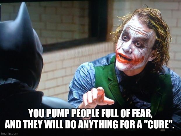Fear |  YOU PUMP PEOPLE FULL OF FEAR, AND THEY WILL DO ANYTHING FOR A "CURE". | image tagged in the joker,fear,covid,vaccine,covid-19,elite | made w/ Imgflip meme maker