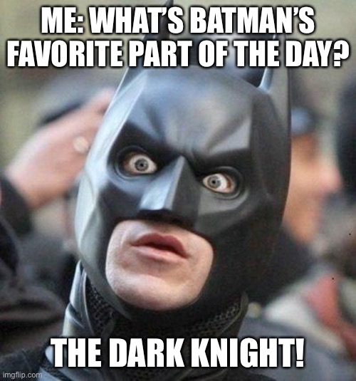 The reaction of my best pun! | ME: WHAT’S BATMAN’S FAVORITE PART OF THE DAY? THE DARK KNIGHT! | image tagged in shocked batman | made w/ Imgflip meme maker