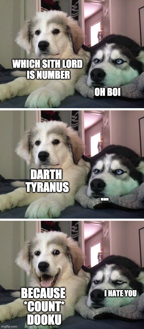 Bad pun dogs | WHICH SITH LORD 
IS NUMBER; OH BOI; DARTH 
TYRANUS; ... I HATE YOU; BECAUSE 
*COUNT*
DOOKU | image tagged in bad pun dogs,dooku,memes | made w/ Imgflip meme maker