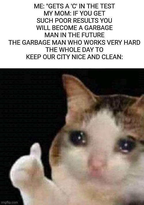 sad thumbs up cat | ME: "GETS A 'C' IN THE TEST

MY MOM: IF YOU GET SUCH POOR RESULTS YOU WILL BECOME A GARBAGE MAN IN THE FUTURE

THE GARBAGE MAN WHO WORKS VERY HARD THE WHOLE DAY TO KEEP OUR CITY NICE AND CLEAN: | image tagged in sad thumbs up cat | made w/ Imgflip meme maker