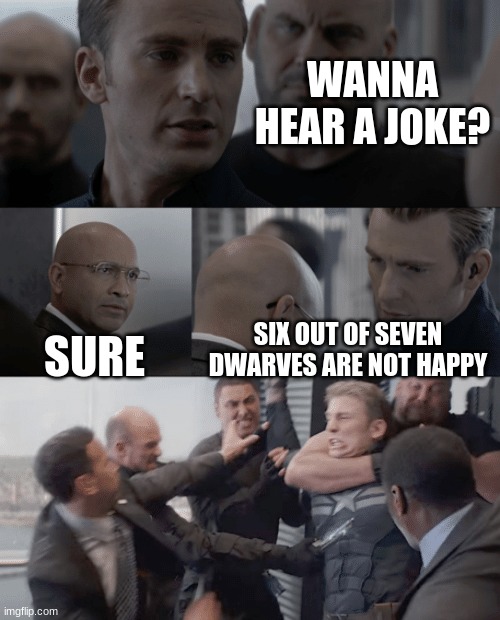 Captain america elevator | WANNA HEAR A JOKE? SURE; SIX OUT OF SEVEN DWARVES ARE NOT HAPPY | image tagged in captain america elevator | made w/ Imgflip meme maker